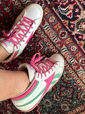 Vintage Reebok Classic High-Top Sneakers. US 8 White with Hot Pink & Teal Green
